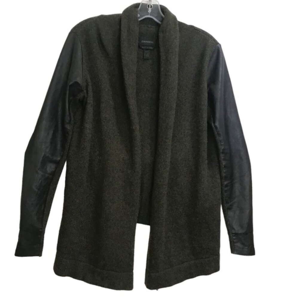 Danier Open Front Cardigan Sweater Leather Sleeves Slits Cashmere Wool Blend Top